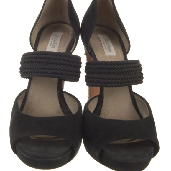 Max Mara Black Suede Rope Heel Platform Peep Toe Heels Women's - Picture 6 of 11